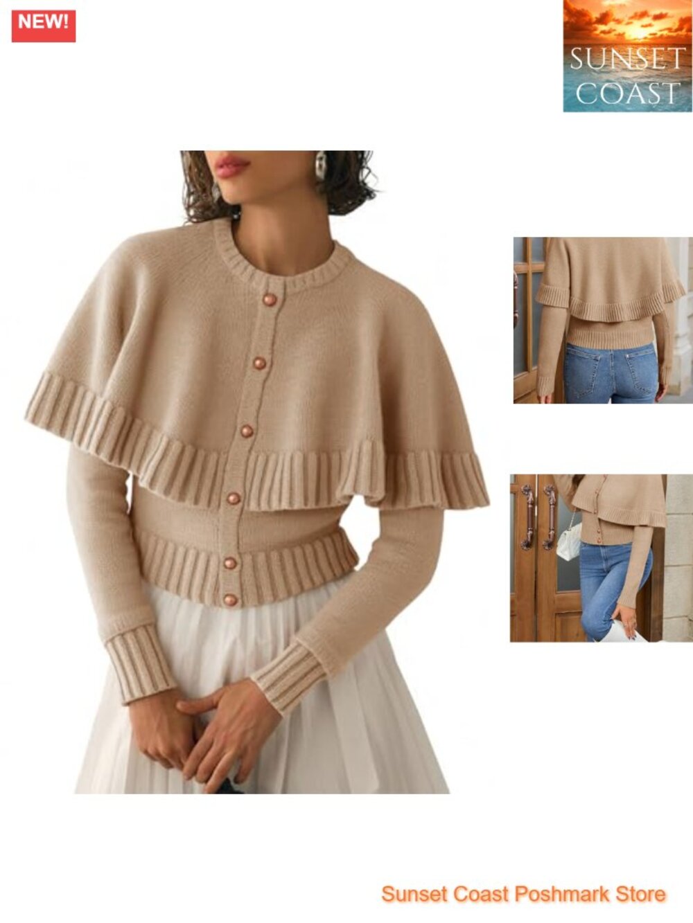 Women Cropped Cape Cardigan Button Knit Sweater Y2K
